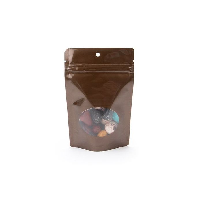 Stand Up Pouch Bronze w/ Oval Window 10.2x6x15.2 cm With Round Hanghole