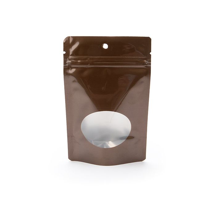 Doypack Bronze avec fenêtre ovale 10.2x6x15.2cm avec trou de suspension (100 pièces) [ZBGMO2BZH]