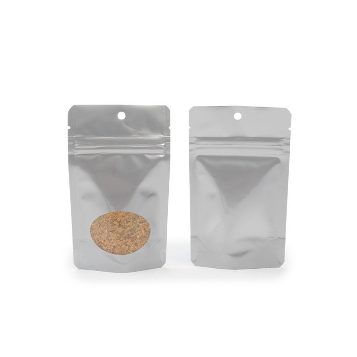 Silver Stand Up Zipper Pouch with Oval Window 8 x 5 x 13 cm + Hang Hole (100 Pieces) [ZBGO1SH]