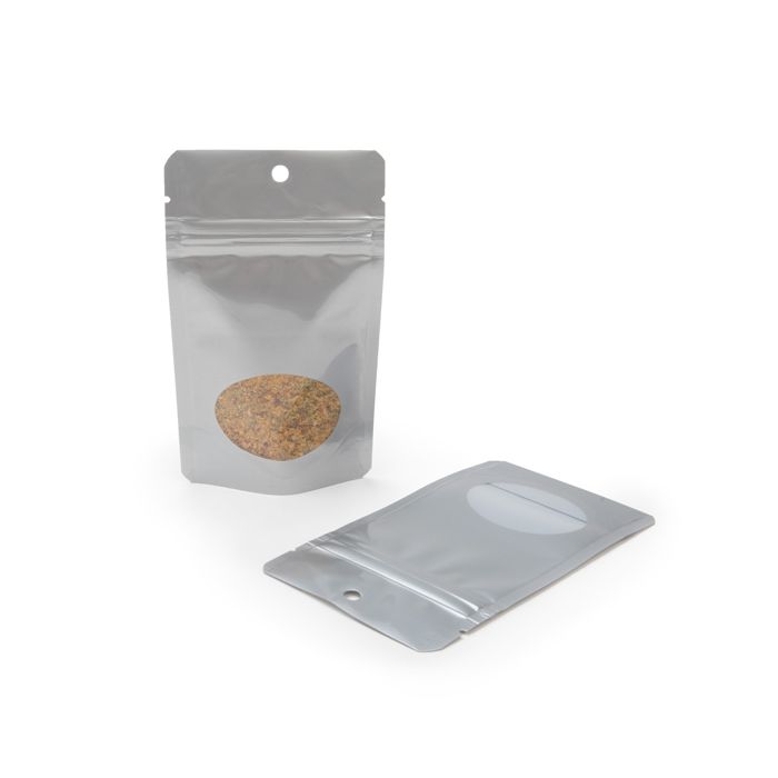 Silver Stand Up Zipper Pouch with Oval Window 8 x 5 x 13 cm + Hang Hole (100 Pieces) [ZBGO1SH]