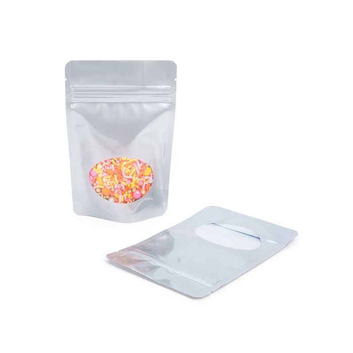 Doypack Argenté avec fenêtre ovale 10.2x6x15.2cm | 57g (100 pièces) [ZBGO2S]