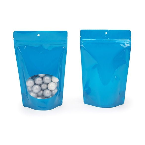 Doypack Bleu avec fenêtre ovale, 14.9x8.9x23.2cm | 312 g Trou Suspension Rond (100 pièces) [ZBGO7BLH]