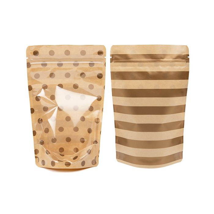 Doypack Transparent/Kraft avec Pois Dorés & Rayures 13x7,9x20,6cm (25 pièces) [ZBGSW3SDG]