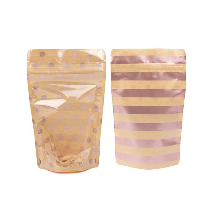 Doypack Transparent/Kraft avec Pois Rose Doré & Rayures 13x7,9x20,6cm (25 pièces) [ZBGSW3SDR]