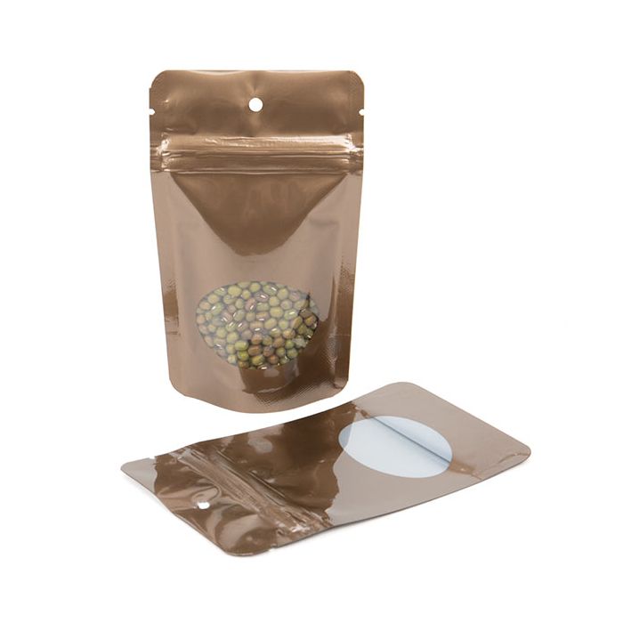 Bronze Stand Up Zipper Pouch with Oval Window 8 x 5 x 13 cm + Hang Hole (100 Pieces) [ZBGO1BZH]