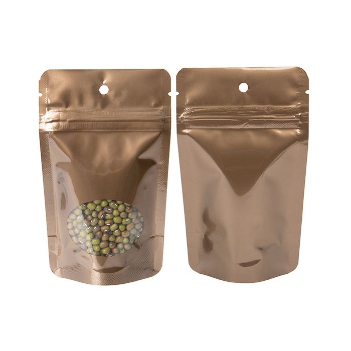 Doypack Bronze avec fenêtre ovale 8x5x13cm + trou de suspension (100 pièces) [ZBGO1BZH]