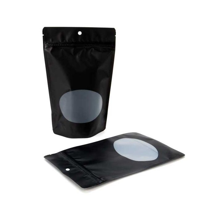 Stand Up Zipper Pouch Bags w/Oval Window Matte Black 14.9x8.9x23.2 cm
