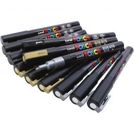 Posca Marker, zwart, goud, zilver, afm PC-3M, lijndikte 0,9-1,3 mm, 12 div/ 1 doos [HOB-384115]