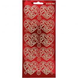 Stickers, harten, vel 10x23 cm, goud, transparant rood, 1 vel [HOB-170054]
