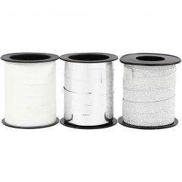 Ruban cadeau, L : 10 mm, argent, argent scintillant, blanc, 3x15 m/ 1 Pq. [HOB-202412]