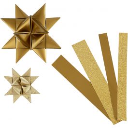 Bandes de papier étoiles, L: 44+78cm, L: 15+25 mm, d 6,5+11,5cm, paillettes,vernis, or, 40 bandes/ 1 Pq. [HOB-20776]