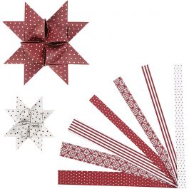 Papieren vlechtstroken, L: 44+78 cm, B: 15+25 mm, d 6,5+11,5 cm, rood, wit, 60 stroken/ 1 doos [HOB-22248]