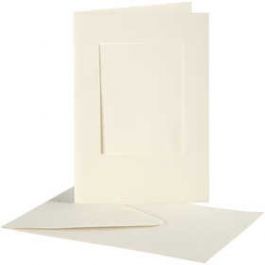 Passepartout Kaarten, afmeting kaart 10,5x15 cm, afmeting envelop 11,5x16,5 cm, off-white, rechthoek, 10sets, gatgrootte 6,5x8,8 [HOB23720]