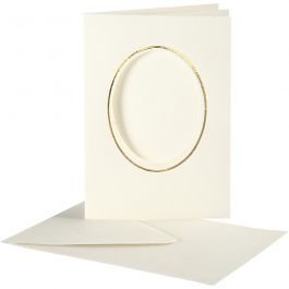 Passepartout kaarten , ovaal met gouden rand, afmeting kaart 10,5x15 cm, afmeting envelop 11,5x16,5 cm, off-white, 10 set/ 1 doos [HOB-23724]