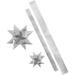 Sterstroken, L: 86+100 cm, B: 25+40 mm, d 11,5+18,5 cm, glitter zilver, 16 stroken/ 1 doos [HOB-24349]