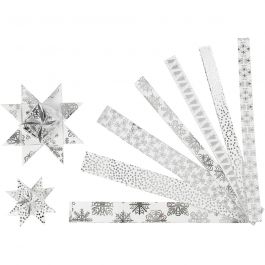 Papieren vlechtstroken, L: 44+78 cm, B: 15+25 mm, d 6,5+11,5 cm, zilver, wit, 48 stroken/ 1 doos [HOB-24360]