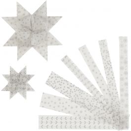 Papieren vlechtstroken, L: 44+78 cm, d 6,5+11,5 cm, B: 15+25 mm, zilver, wit, 48 stroken/ 1 doos [HOB-24363]