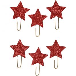 Paperclips, ster, d 30 mm, rood glitter, 6 stuk/ 1 doos [HOB-24779]