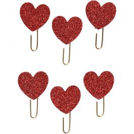 Paperclips, hart, d 30 mm, rood glitter, 6 stuk/ 1 doos [HOB-24780]