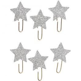 Paperclips, ster, d 30 mm, glitter zilver, 6 stuk/ 1 doos [HOB-24790]