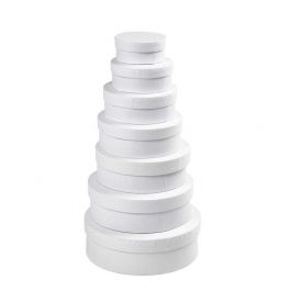 Ronde dozen, H: 4+4,5+5+5,5+6+6,5+7 cm, d 8,5+10,5+12,5+14,5+16,5+18,5+21,5 cm, wit, 7 stuk/ 1 set [HOB-26421]