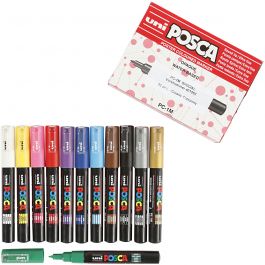 Posca Marker, afm PC-1M, lijndikte 0,7 mm, extra-fijn, diverse kleuren, 12 stuk/ 1 doos [HOB-273900]
