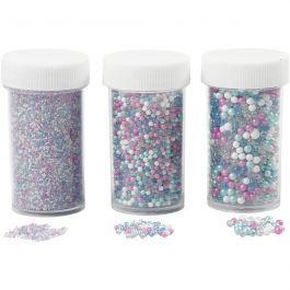 Mini Perles de Verre, dim. 0,6-0,8+1,5-2+3 mm, couleurs pastel, 3x45 gr/ 1 Pq. [HOB-28386]