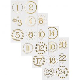 Chiffres autocollant de calendrier de l'Avent, d 40 mm, feuille 9x14cm, or, blanc, 4 flles/ 1 Pq. [HOB-28457]
