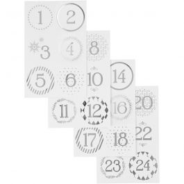 Kerstkalender cijfer stickers, d 40 mm, vel 9x14 cm, zilver, wit, 4 vel/ 1 doos [HOB-28458]