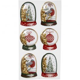 Autocollants à secouer, oiseau, arbre et boules de Noël, dim. 49x32+45x36 mm, or, 6 pièces/ 1 Pq. [HOB-28489]