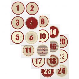 Chiffres autocollant de calendrier de l'Avent, d 4cm, feuille 9x14cm, 4 flles ass./ 1 Pq. [HOB-28507]