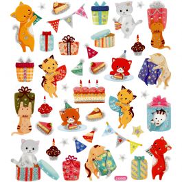 Autocollants, chats d'anniversaire, feuille 15x16,5 cm, 1 flles [HOB-29063]