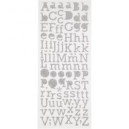 Autocollants scintillants, lettres, feuille 10x24 cm, argent, 2 flles/ 1 Pq. [HOB-29108]