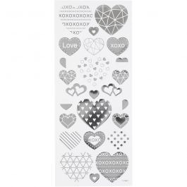 Stickers, harten, vel 10x24 cm, zilver, 1 vel [HOB-29140]