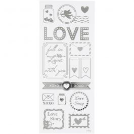 Stickers, love, vel 10x24 cm, zilver, 1 vel [HOB-29142]