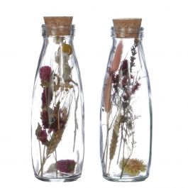 Bouteille de lait en verre avec 2 fleurs séchées différentes Ø7cm (6 pièces.) [IFS-29392]