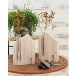Support en bois forme maison avec tube à essai de 14 cm de haut (6 pièces.) [IFS-29649]