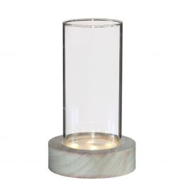Glazen cilinder met LED in houten basis 17cm hoog (1 st.) [IFS-30183]