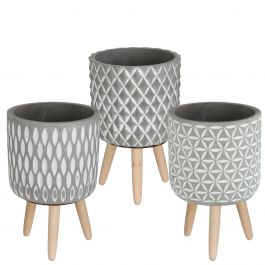Pot à plantes en Cement avec pieds en bois 21,5 cm de haut (6 pièces.) [IFS-33015]