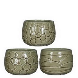 Pot à plantes Mila glacé avec motifs incrustés Vert 10cm de haut (6 pièces.) [IFS-33525]