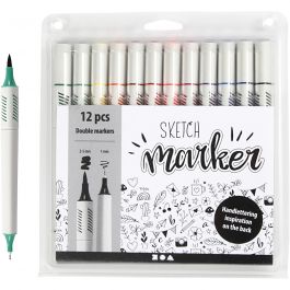 Feutres Sketch Marker, trait 1+2-5 mm, couleurs classiques, 12 pièces/ 1 Pq. [HOB-37382]