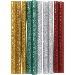 Lijmstiften Mini, L: 10 cm, d 7 mm, glitter, goud, groen, rood, zilver, 10 stuk/ 1 doos [HOB-39137]