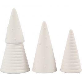 Sapins de Noël, H : 10+12+15 cm, d 5+6+7 cm, blanc, 3 pièces/ 1 Pq. [HOB-50493]
