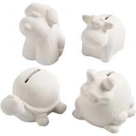 Tirelires en forme d'animaux, H: 7-10cm, blanc, 4 pièces/ 1 Pq. [HOB-50501]