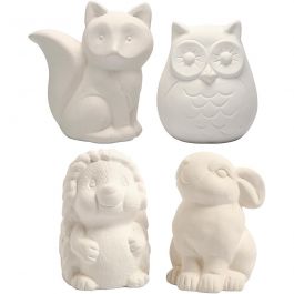 Tirelires en forme d'animaux, hibou, renard, hérisson, lièvre, H: 9-10cm, blanc, 4 pièces/ 1 Pq. [HOB-50569]