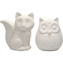 Tirelires en forme d'animaux, hibou et renard, H: 9cm, blanc, 2 pièces/ 1 Pq. [HOB-50570]