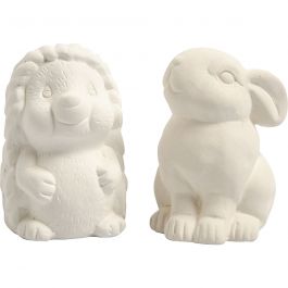 Tirelires en forme d'animaux, hérisson et lièvre, H: 10cm, blanc, 2 pièces/ 1 Pq. [HOB-50571]
