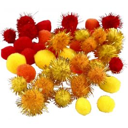 Pompons, d 15+20 mm, orange, rouge, jaune, 48 ass./ 1 Pq. [HOB-51882]