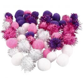 Pompons, d 15+20 mm, violet, rose clair, blanc, 48 ass./ 1 Pq. [HOB-51884]