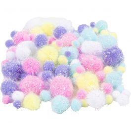 Pompons, d 15-40 mm, paillettes, couleurs pastel, 62 gr/ 1 Pq. [HOB-518950]